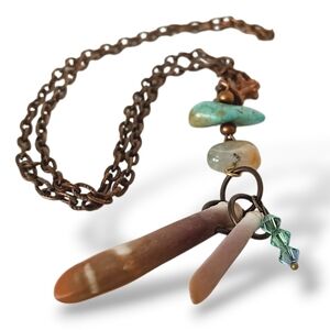 Hand Crafted Rustic Copper Gemstone Charm Necklace Sea Urchin Turquoise Agate